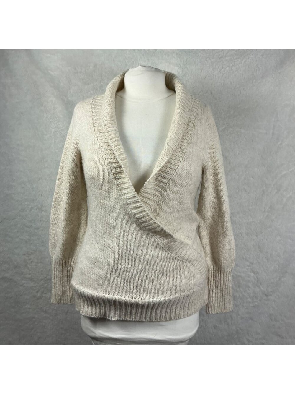 Denali Four large ivory knit surplice wrap sweater merino wool linen blend